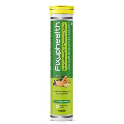Fixuphealth Japanese Matcha Green Tea with Ashwagandha in lemon flavor, 15 tablets per pack.