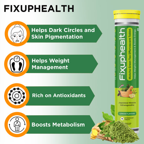 Fixuphealth Japanese Matcha Green Tea with Ashwagandha Effervescent Tablet Lemon Flavour For Weight management Dark circle Pigmentation Detox Energy Booster High Antioxidant 15 Tablet each (Pack of 6)