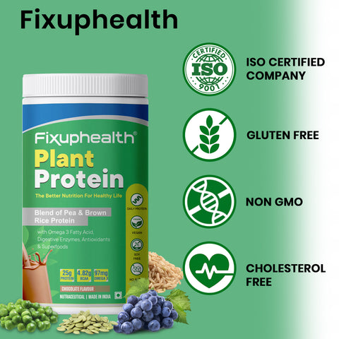 Fixuphealth Vegan Plant Protein Blend Of Pea & Brown Rice with Omega 3 Fatty Acid Digestive Enzymes Antioxidant & Superfoods Energy Booster to Support Muscles Growth 500 gram Chocolate Flavour