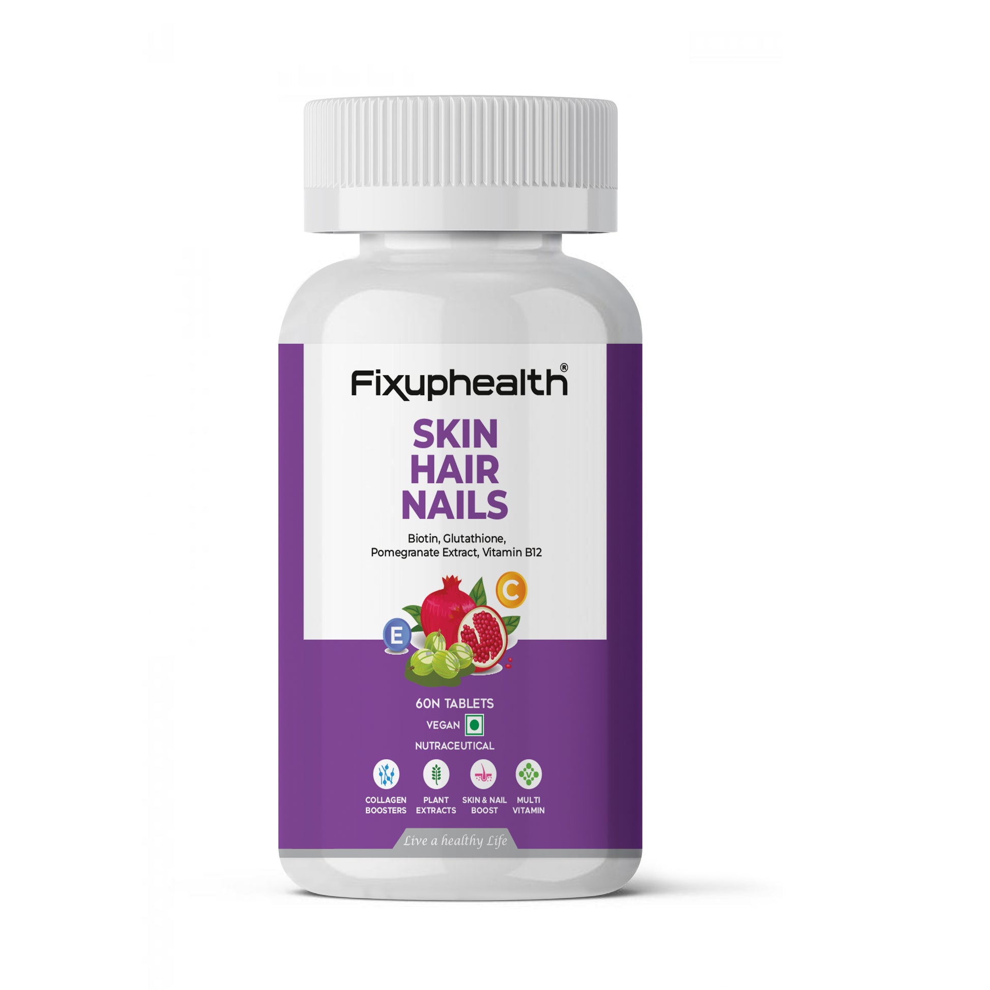 Fixuphealth Skin Hair Nails supplement with the label showing biotin, vitamin B12, and collagen booster ingredients.