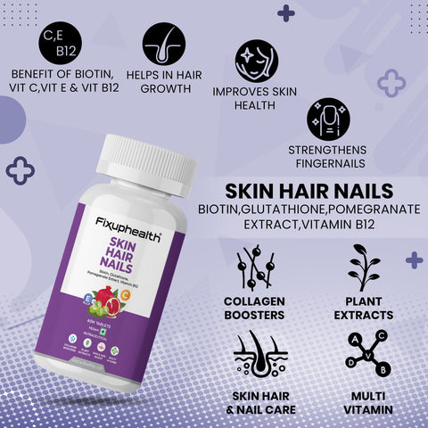 Fixuphealth Skin Hair Nail Supplement Biotin Glutathione Vitamin B12 Plant Extract Collagen Booster Multivitamin for hair Growth Glowing Skin Vegan 60 Tablets Pack Of 1