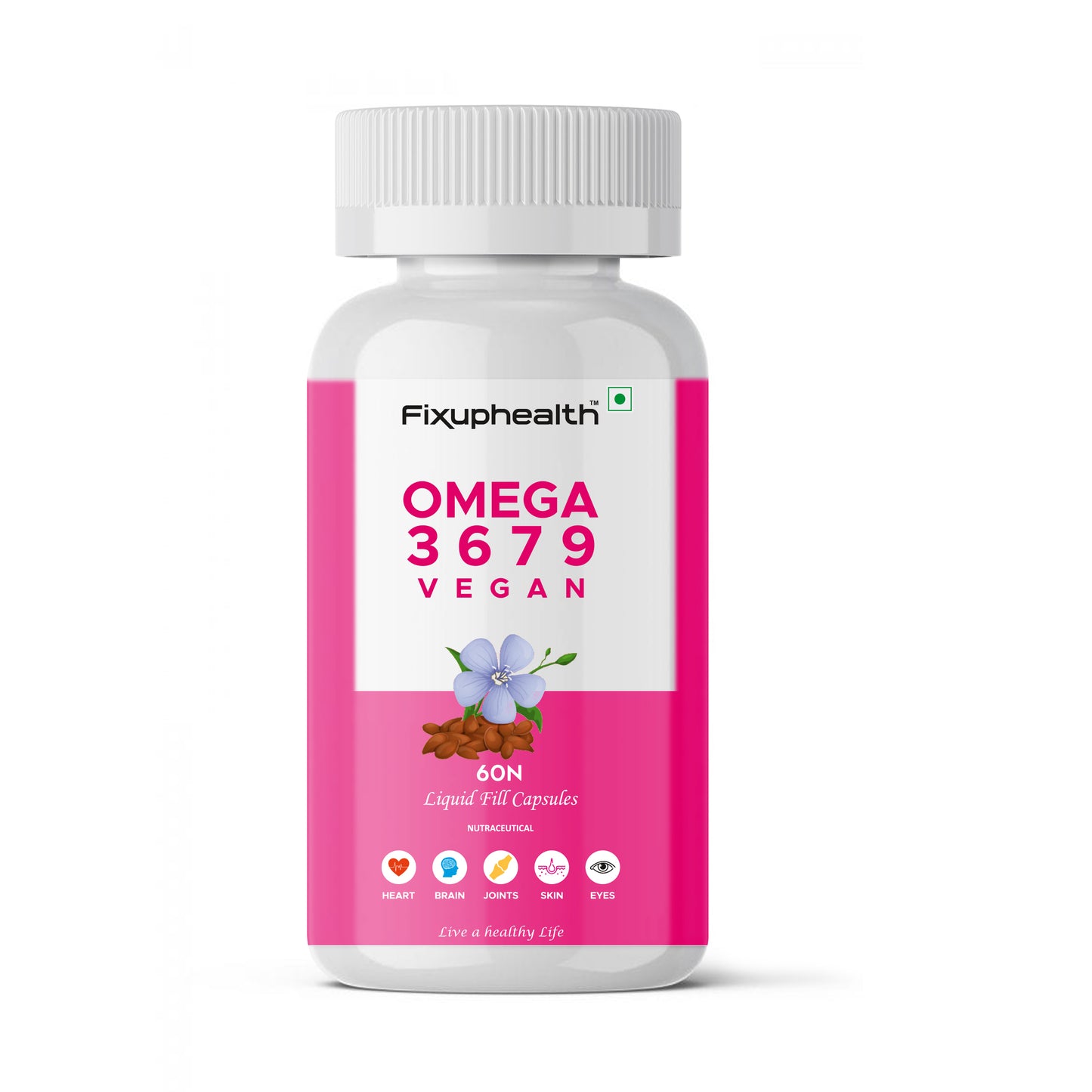 A bottle of Fixuphealth Omega 3 6 7 9 Vegan Capsules with graphics indicating the product is for healthy hair, skin, joints, brain, muscles, and bones.