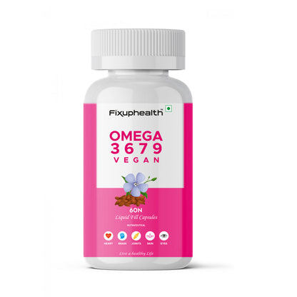 A bottle of Fixuphealth Omega 3 6 7 9 Vegan Capsules with graphics indicating the product is for healthy hair, skin, joints, brain, muscles, and bones.