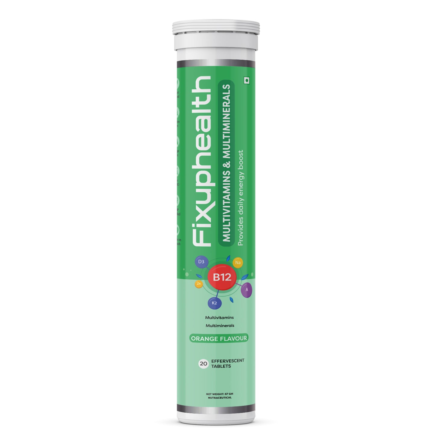 A pack of Fixuphealth multivitamins and multiminerals effervescent tablets in orange flavor with 20 tablets each pack.