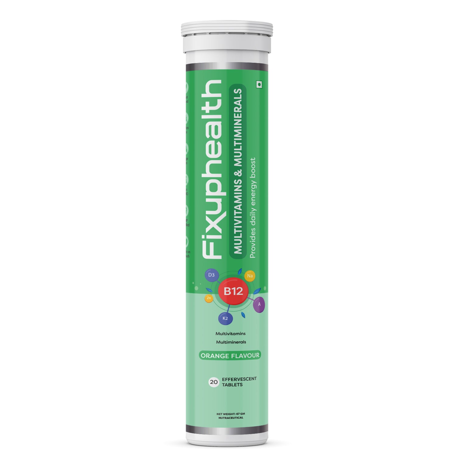 A pack of Fixuphealth multivitamins and multiminerals effervescent tablets in orange flavor with 20 tablets each pack.