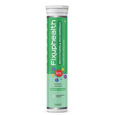 A pack of Fixuphealth multivitamins and multiminerals effervescent tablets in orange flavor with 20 tablets each pack.
