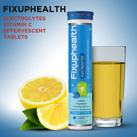Fixuphealth Electrolytes Tablets Containing Sodium Magnesium, Calcium Chloride and Vitamin C Effervescent Tablets Lemon Flavour Pack of 2 20 tablets each pack Useful for Great source of minerals