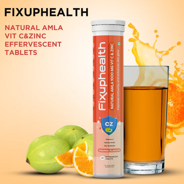 Fixuphealth Natural Amla 1000mg Vitamin C and Zinc Effervescent Tablets Orange Flavour 20 tablets each pack Useful for Immune Boost Antioxidant maintian physical and mental health.