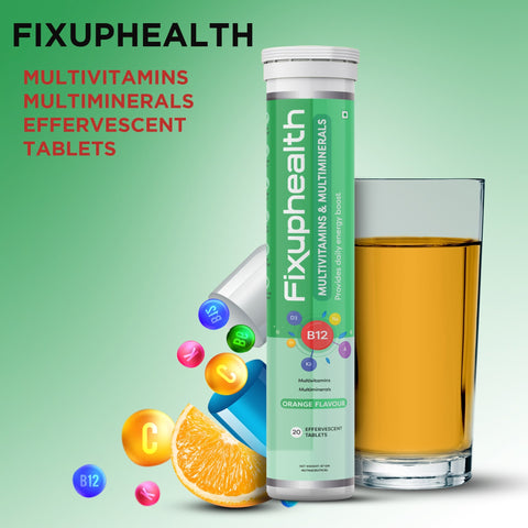 Fixuphealth Multivitamins and Multiminerals Effervescent Tablets Orange Flavour Pack of 4 20 tablets each pack Useful for body health & wellness skin healthy and shiny immunity