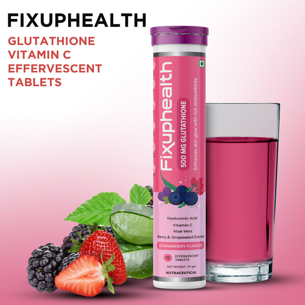 Fixuphealth Glutathione Vitamin C Aloe Vera Berry and Grapeseed Extract Effervescent Tablets Strawberry Flavour Pack of 1, 15 tablets each pack Useful for Boost skin radiance glow & antioxidant