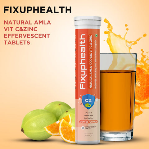 Fixuphealth Natural Amla 1000mg Vitamin C and Zinc Effervescent Tablets Orange Flavour Pack of 6 20 tablets each pack Useful for Immune Boost Antioxidant maintain physical and mental health
