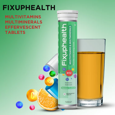 Fixuphealth Multivitamins and Multiminerals Effervescent Tablets Orange Flavour Pack of 6 20 tablets each pack Useful for body health & wellness skin healthy and shiny immunity