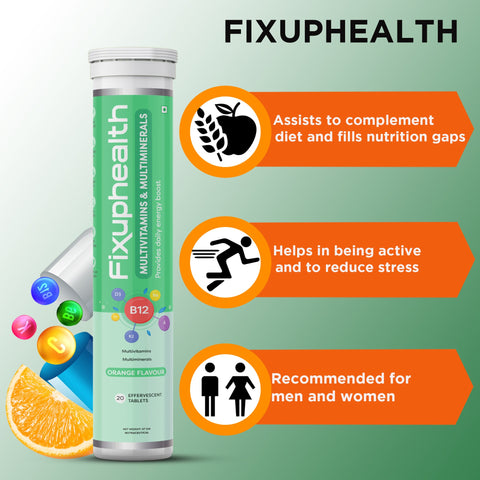 Fixuphealth Multivitamins and Multiminerals Effervescent Tablets Orange Flavour Pack of 3 20 tablets each pack Useful for body health & wellness skin healthy and shiny immunity