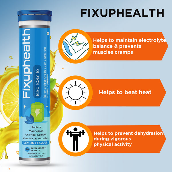 Fixuphealth Electrolytes Tablets Containing Sodium Magnesium, Calcium Chloride and Vitamin C Effervescent Tablets Lemon Flavour Pack of 4 20 tablets each pack Useful for Great source of minerals