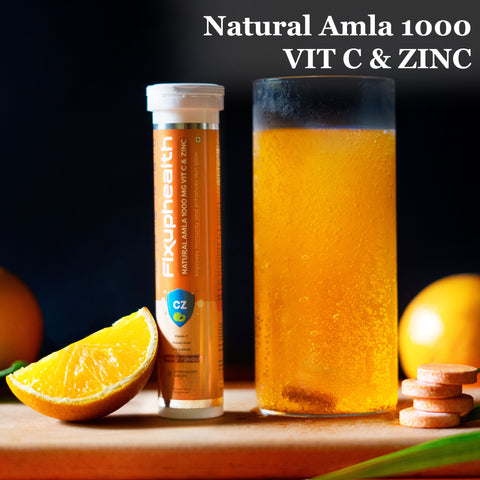 Fixuphealth Natural Amla 1000mg Vitamin C and Zinc Effervescent Tablets Orange Flavour 20 tablets each pack Useful for Immune Boost Antioxidant maintian physical and mental health.
