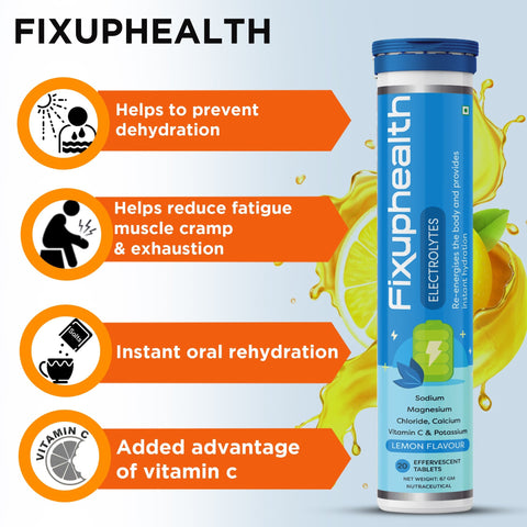Fixuphealth Electrolytes Tablets Containing Sodium Magnesium, Calcium Chloride and Vitamin C Effervescent Tablets Lemon Flavour Pack of 3 20 tablets each pack Useful for Great source of minerals