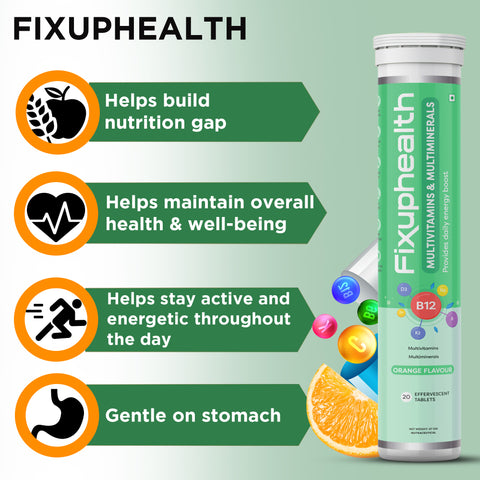 Fixuphealth Multivitamins and Multiminerals Effervescent Tablets Orange Flavour Pack of 1 20 tablets each pack Useful for body health & wellness skin healthy and shiny immunity