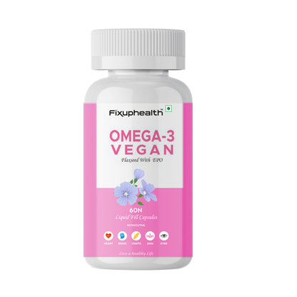 A bottle of Fixuphealth Omega 3 Vegan capsules with a pink label, indicating the product is a dietary supplement for various health benefits.