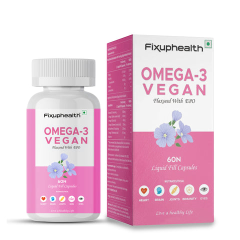 Fixuphealth Omega 3 Vegan Capsule with Flaxseed Evening Primerose Oil Nutrition Supplement For Healthy Hair Skin Joint Brain Muscles Heart And Bones 60 Liquid Filled Veg Capsules with EPO Pack Of 1
